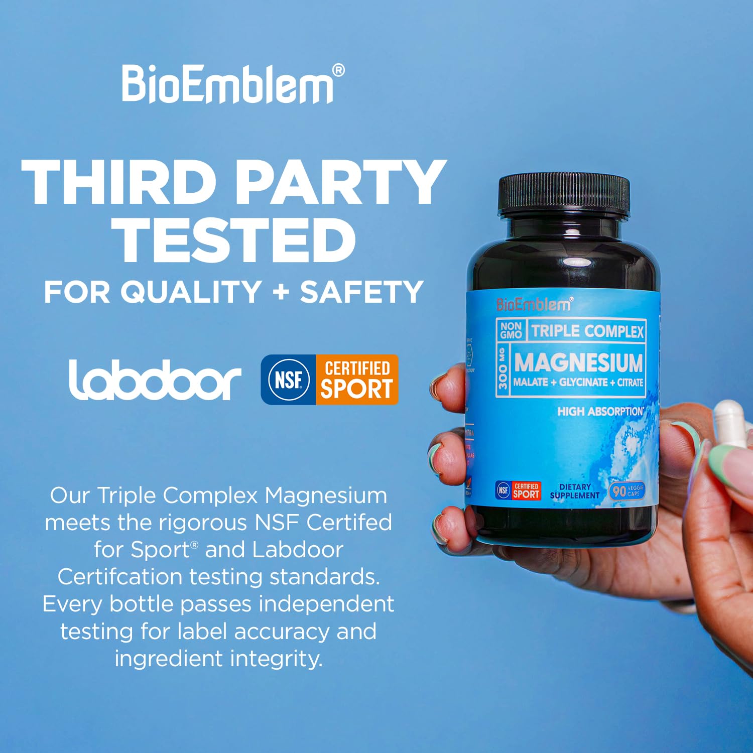 BioEmblem Magnesium Glycinate Complex, 300mg Per Serving, 90 Capsules | Triple Magnesium Citrate & Malate - NSF & Labdoor Certified - Muscle & Nerve Function - Vegan, Non-GMO Chelated Formula