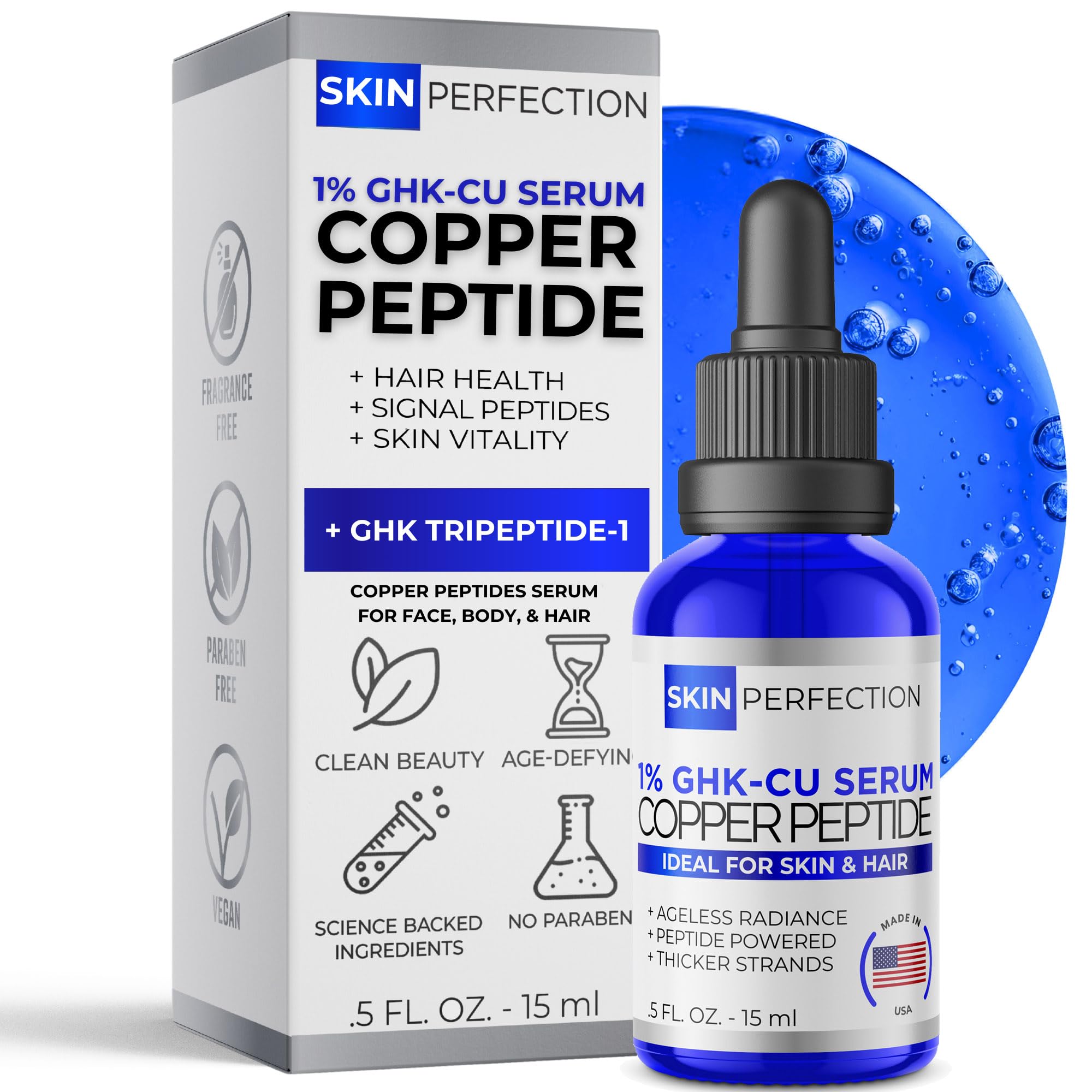 Buy now Skin Perfection GHK-CU Copper Peptides Serum for Face & Hair - Copper Peptide for Skin, Hair & Scalp - 1% Blue Liquid for Face, Neck, Body, and Scalp â€“ Multi-Use Serum Booster with Dropper 0.5 fl oz at indiglob india