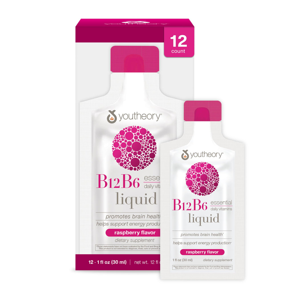 Youtheory B12B6 Liquid, Raspberry Flavor, 1oz Packet, 12 Count | Daily Energy and Brain Support*, Vitamin B12 and B6, Tasty Single-Serving Packs, Vegan, Dairy, Soy, and Gluten-Free