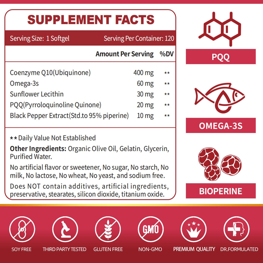 ZEBORA CoQ10 400mg Softgels, 120 Servings | with PQQ, BioPerine & Omega-3, Ubiquinone, High-Absorption, Powerful-Antioxidant, Support Heart & Energy-Production