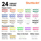 Shuttle Art Fabric Paint, 24 Colors 3D Permanent Paint with Brushes Palette Pen Fabric Sheet Stencils, Glow in The Dark, Glitter, Metallic Colors for Textile Fabric T-shirt Jeans Glass