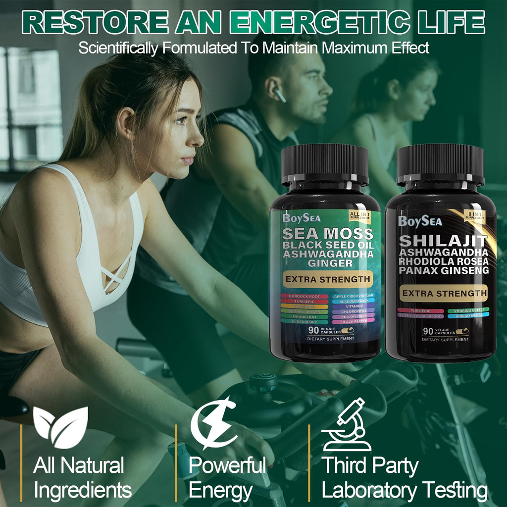 Boysea.Shilajit and Sea Moss Bundle - Sea Moss, Black Seed Oil, Ashwagandha, Ginger & Shilajit, Rhodiola Rosea, All in 1 Supplements - 540 Count