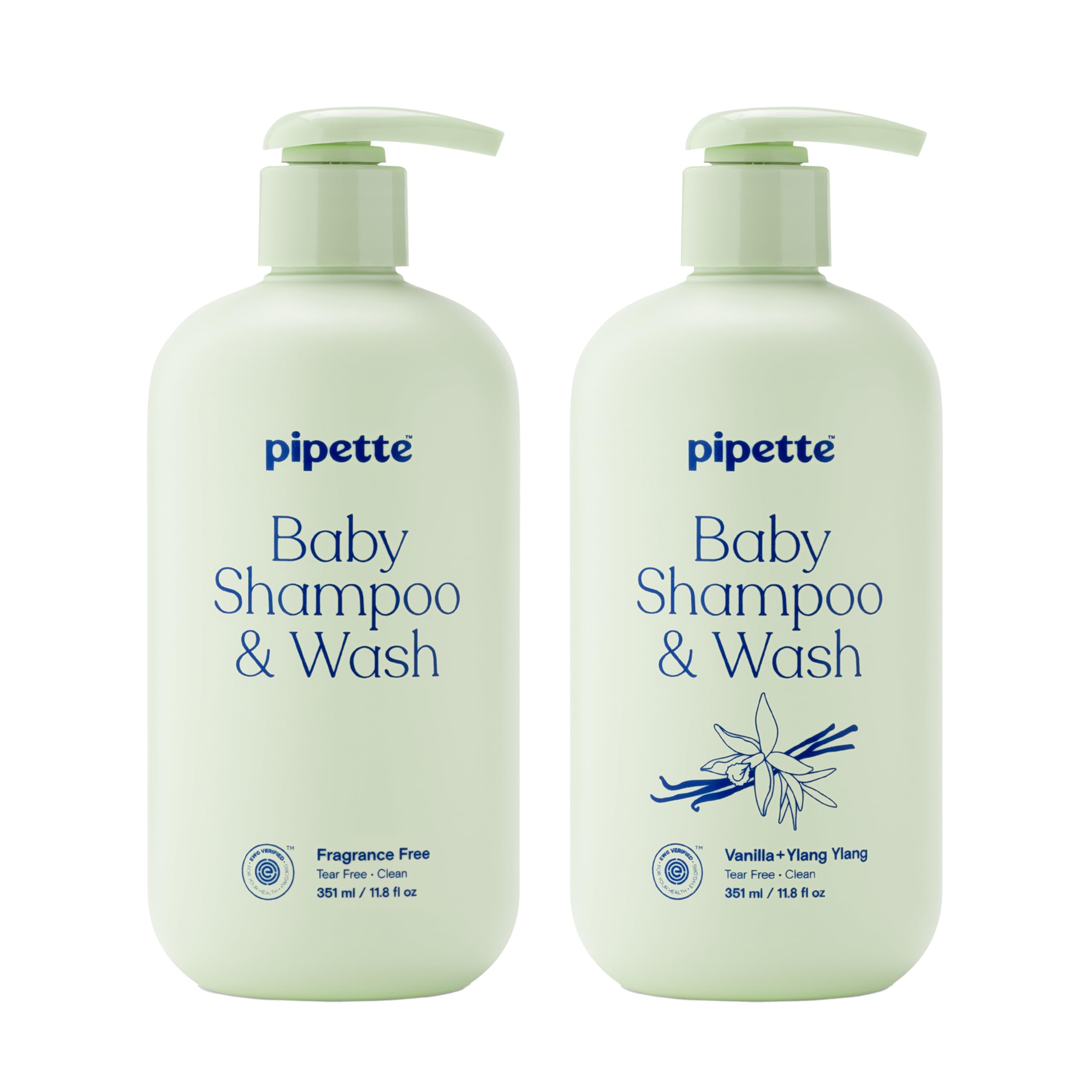 Pipette Baby Shampoo + Wash Discovery Duo, Pack of 2, Includes Fragrance Free and Vanilla + Ylang Ylang Scents, Gentle Tear-Free Newborn Baby Bath Essentials, Non-Toxic and Hypoallergenic