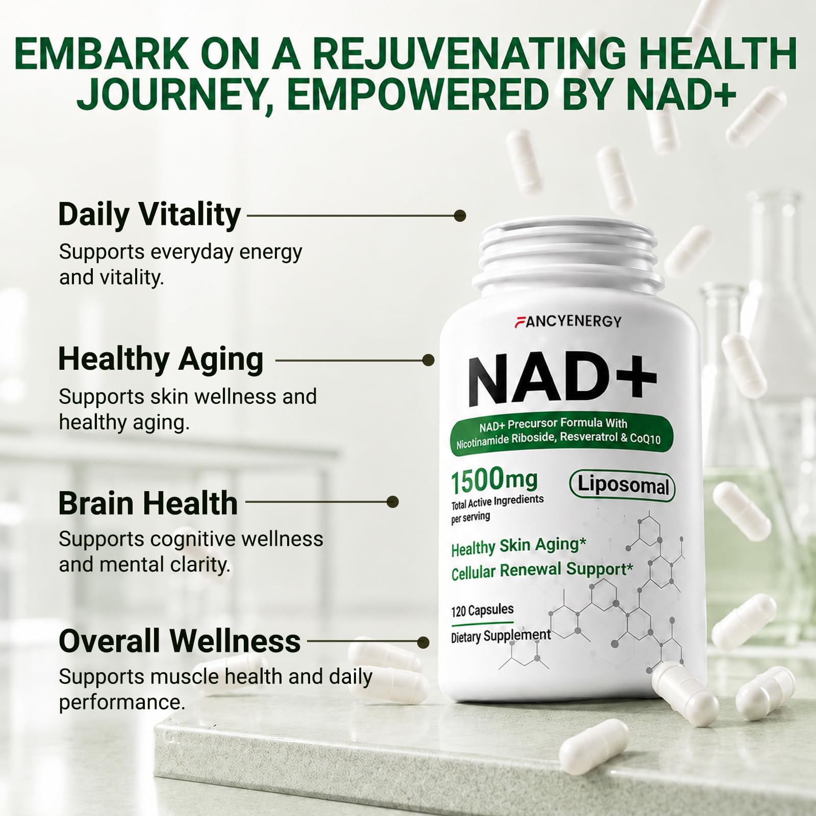 NAD+ Supplement, Liposomal NAD Nicotinamide Riboside Resveratrol 1500 mg - Anti-Aging & Brain Health, Improve Energy - Specifically for Women and Men, 120 Cout