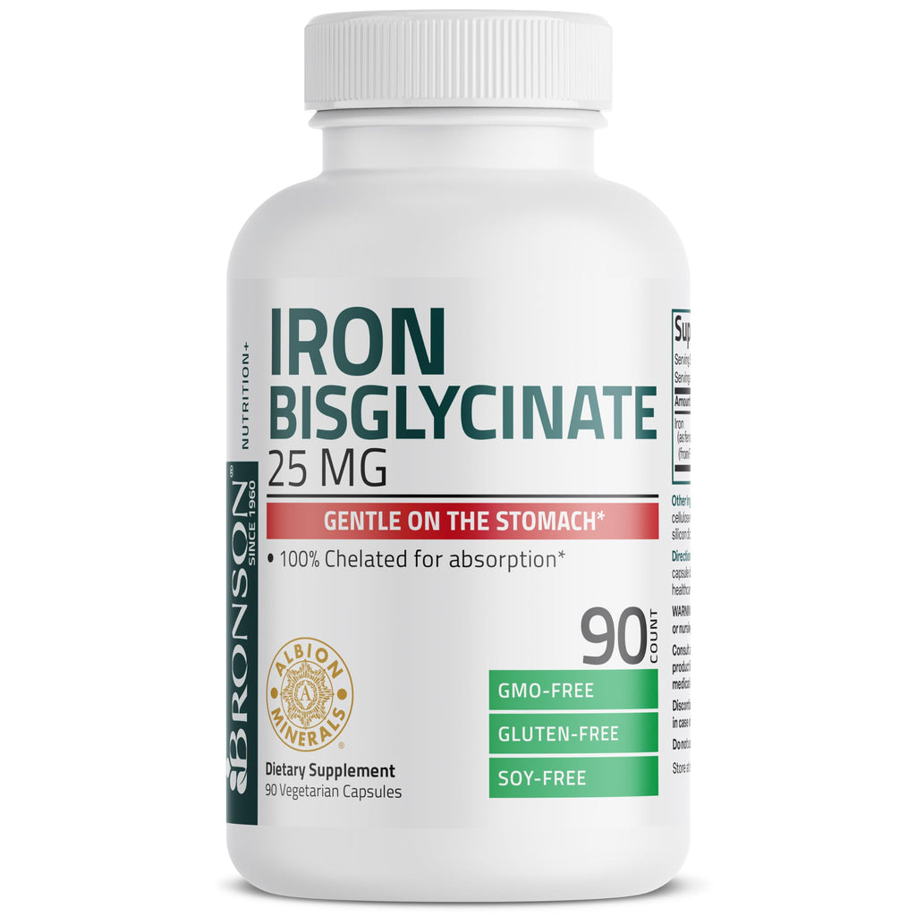 Bronson Iron Bisglycinate 25 mg, 90 Vegetarian Capsules | Gentle on the Stomach, Non-Constipating, Supports Energy & Red Blood Cell Production, Non-GMO, Gluten-Free & Soy-Free