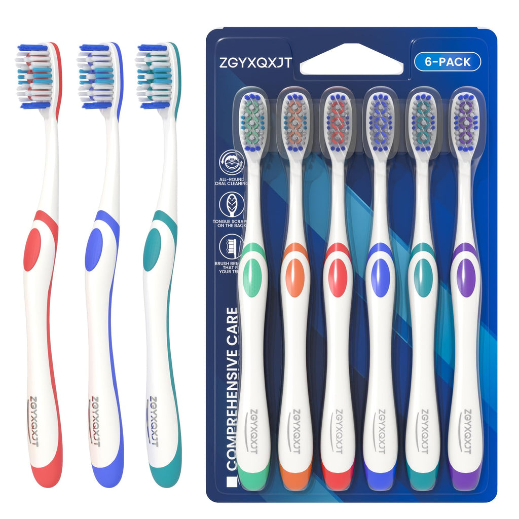 Adult Hard bristled Manual Toothbrush with Excellent Cleaning Effect, Equipped with Tongue Coating Brush and Wavy bristles for More Effective Cleaning of Teeth（6pack）