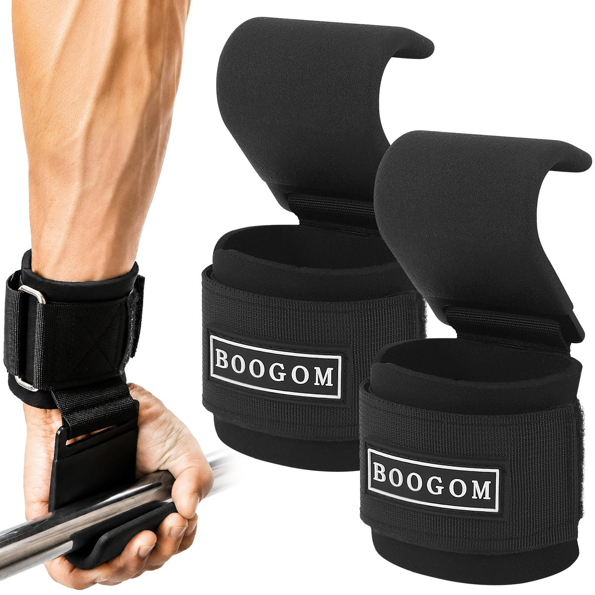 Weight Lifting Hooks with Lifting Wrist Straps (Pair) for Deadlifts, Pull Ups, Rows & Shrugs - Heavy Duty Adjustable Wrist Wraps with Thick Padded Support - Gym Workout Grips & Gloves for Powerlifting, Men & Women
