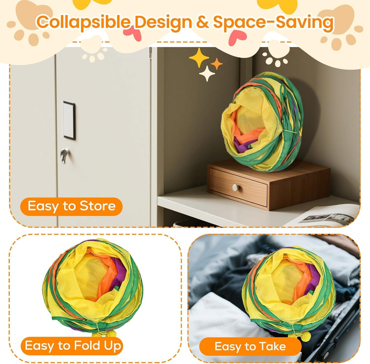 E-3-Way Cat Tunnel for Indoors Cats with Peek Holes & Hanging Balls