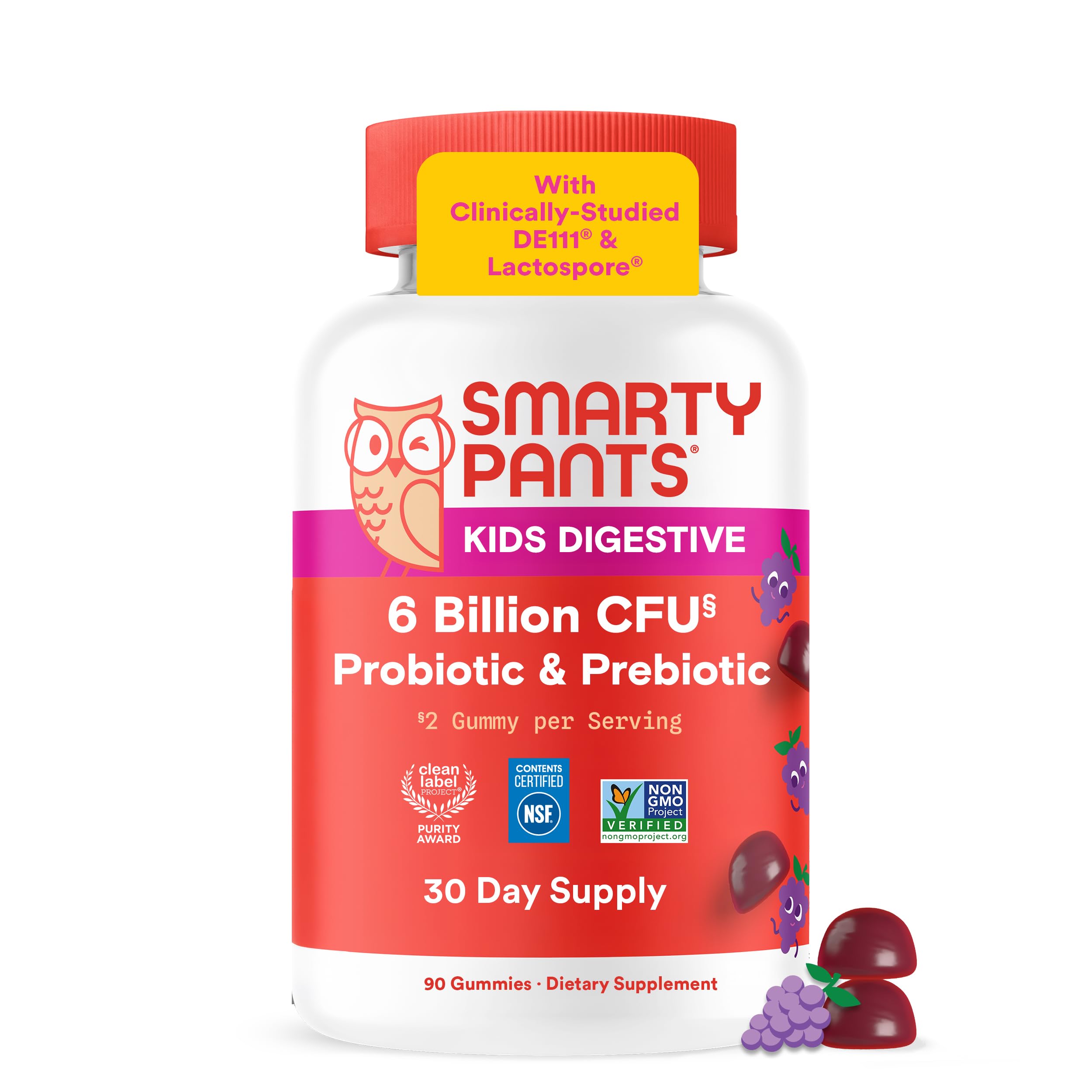 SmartyPants Kids Probiotic Gummies for Digestive Health: 2 Billion CFU Gut Health and Immune Support Supplement, Clinically Studied Probiotic, Gluten Free, Grape, 30 Count (30 Day Supply)
