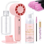 EMEDA Lash Shampoo Kit 2.02 Fl.oz Lash Cleaning Kit with Fan (Pink) | Dryer/Brush/Rinse Bottle, Oil-free Cleanser Wash for Extensions & Clusters & Natural Eyelashes, Cleaner for Eyelash Care