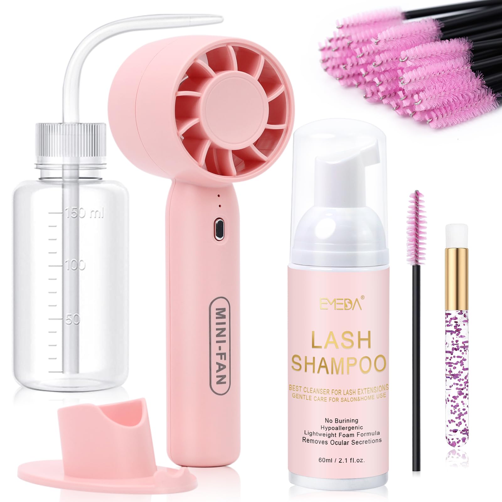 EMEDA Lash Shampoo Kit 2.02 Fl.oz Lash Cleaning Kit with Fan (Pink) | Dryer/Brush/Rinse Bottle, Oil-free Cleanser Wash for Extensions & Clusters & Natural Eyelashes, Cleaner for Eyelash Care