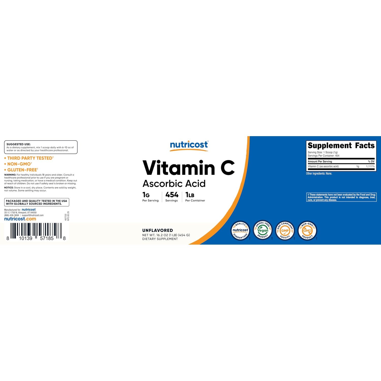 Nutricost Pure Ascorbic Acid Powder (1LB) Unflavored, Vitamin C Powder | 1g Per Serving, 454 Servings