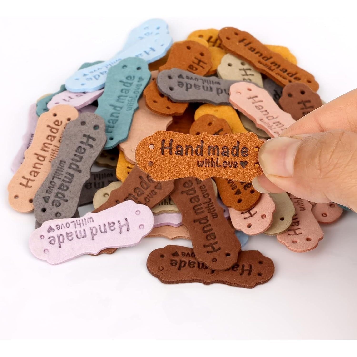 Buy now SAVITA 50pcs Handmade Leather Labels, Microfiber Colorful Leather Labels with Love Hearts Handmade Embossed Crochet Tags with Holes for Crafts Knitting Sewing Hats Purses Clothing (10 Colors) at indiglob india