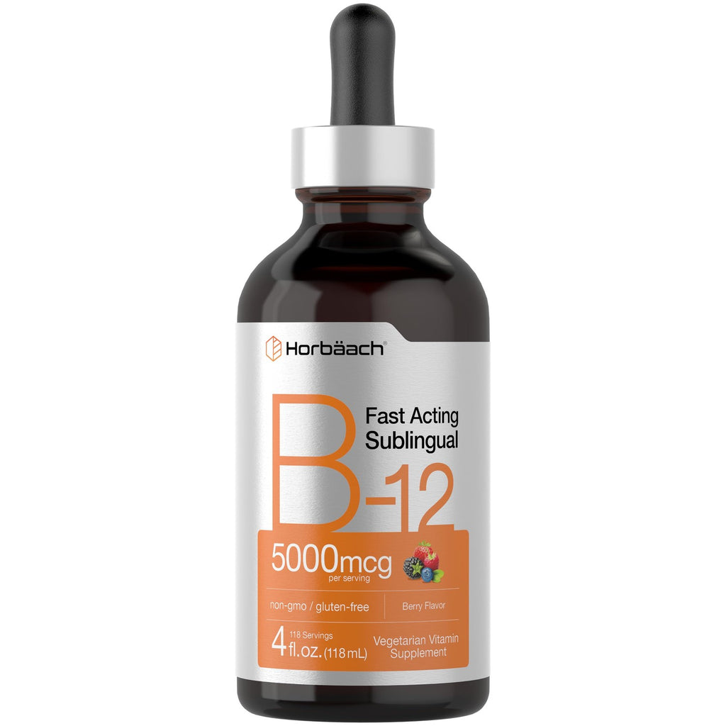 Horbaach B12 Vitamin 5000 mcg Sublingual | 4 Fl Oz | as Methylcobalamin and Cyanocobalamin | Liquid Vegetarian Drops | Berry Flavor | Non-GMO & Gluten Free Supplement