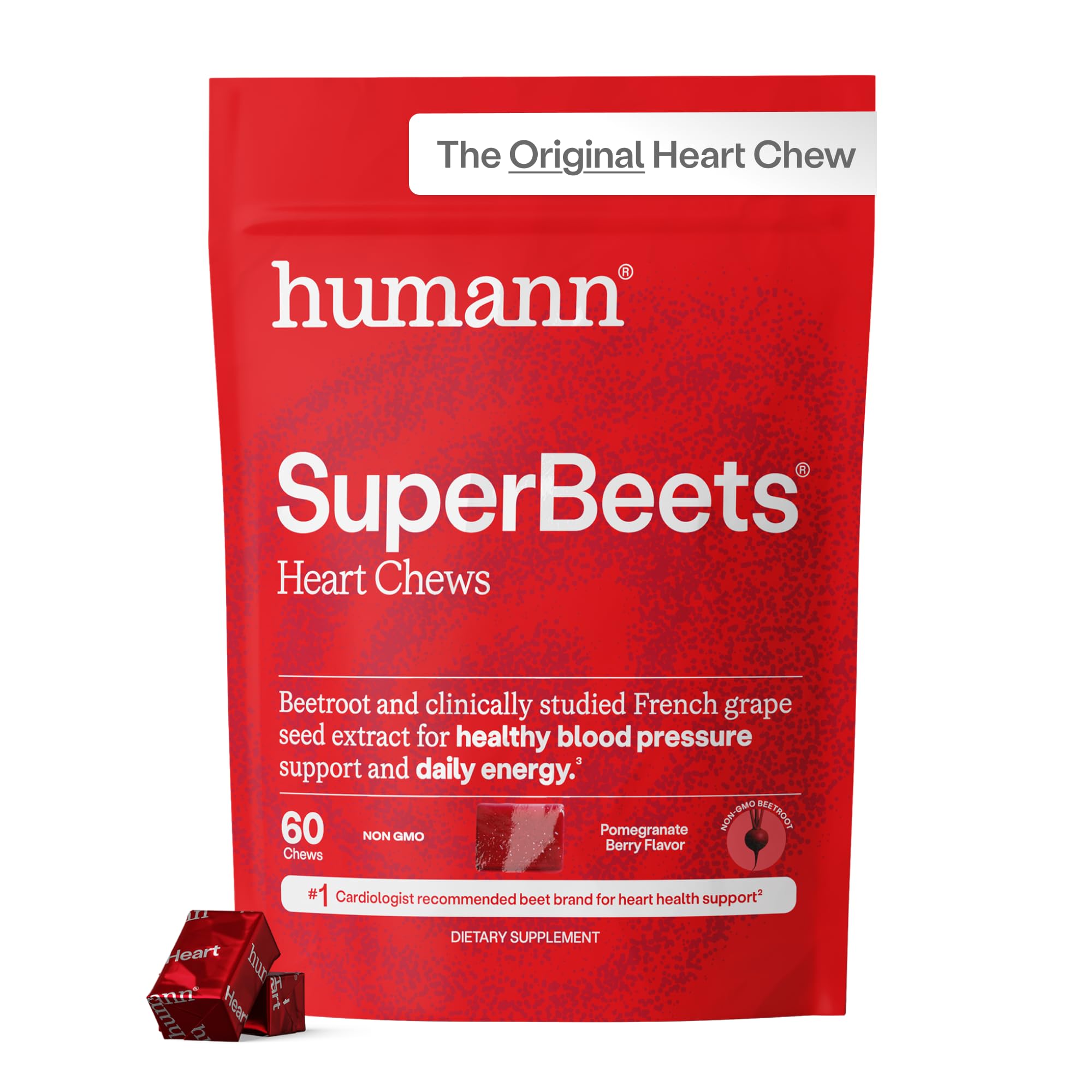HumanN SuperBeets Heart Chews, Pomegranate Berry Flavor, 180 Ct | Blood Pressure Support, Nitric Oxide, Heart Health & Energy, Beet Root Powder & Grape Seed Extract, Once Daily, Made in USA