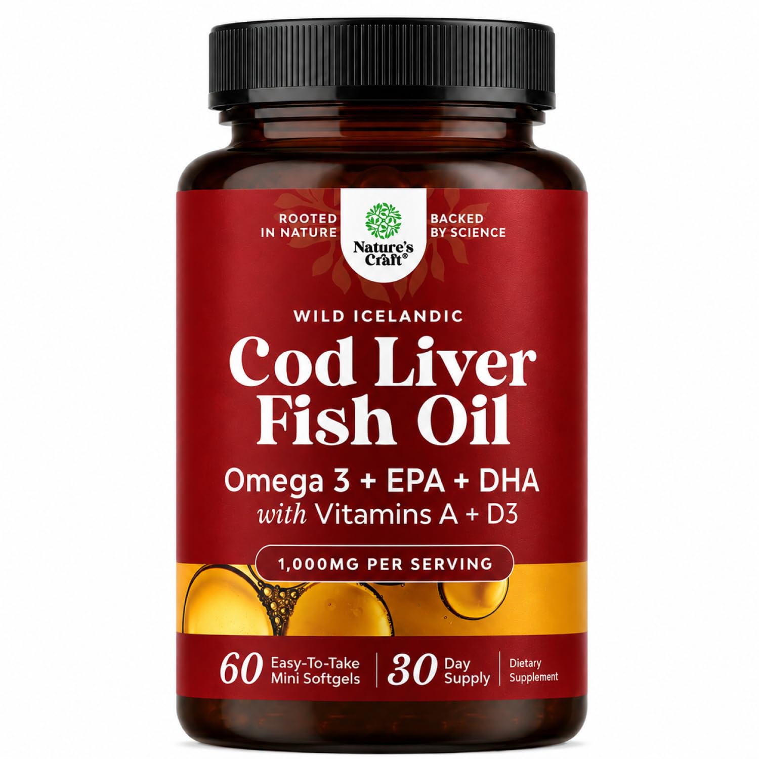 Icelandic Cod Liver Oil Softgels - Omega 3 Fish Oil with Vitamin A - 100 Ct | Wild Caught - Paired with EPA , DHA & D3 - Healthy Heart, Brain & Immune Support - 1000 mg Per Serving - 50 Burpless Servings
