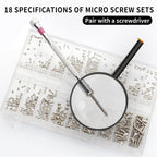 500-Piece Silver Micro Screw Repair Kit 18-Size Stainless Steel Tiny Screws with Screwdriver for Glasses, Watches, Jewelry & Electronics