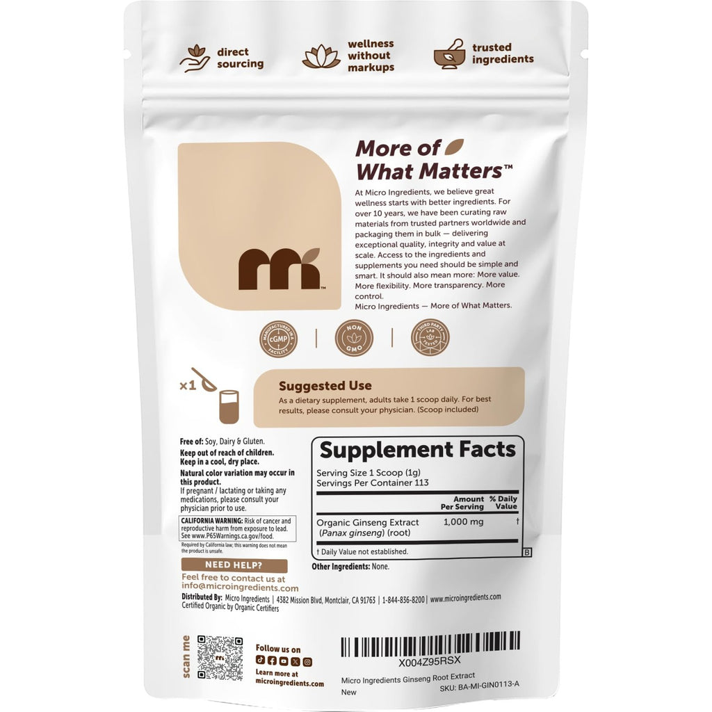 Micro Ingredients Organic Korean Ginseng Root Powder, 4 Ounce | Red Panax Ginseng Root | Traditional Asian Herb | Non-GMO & Vegan Friendly