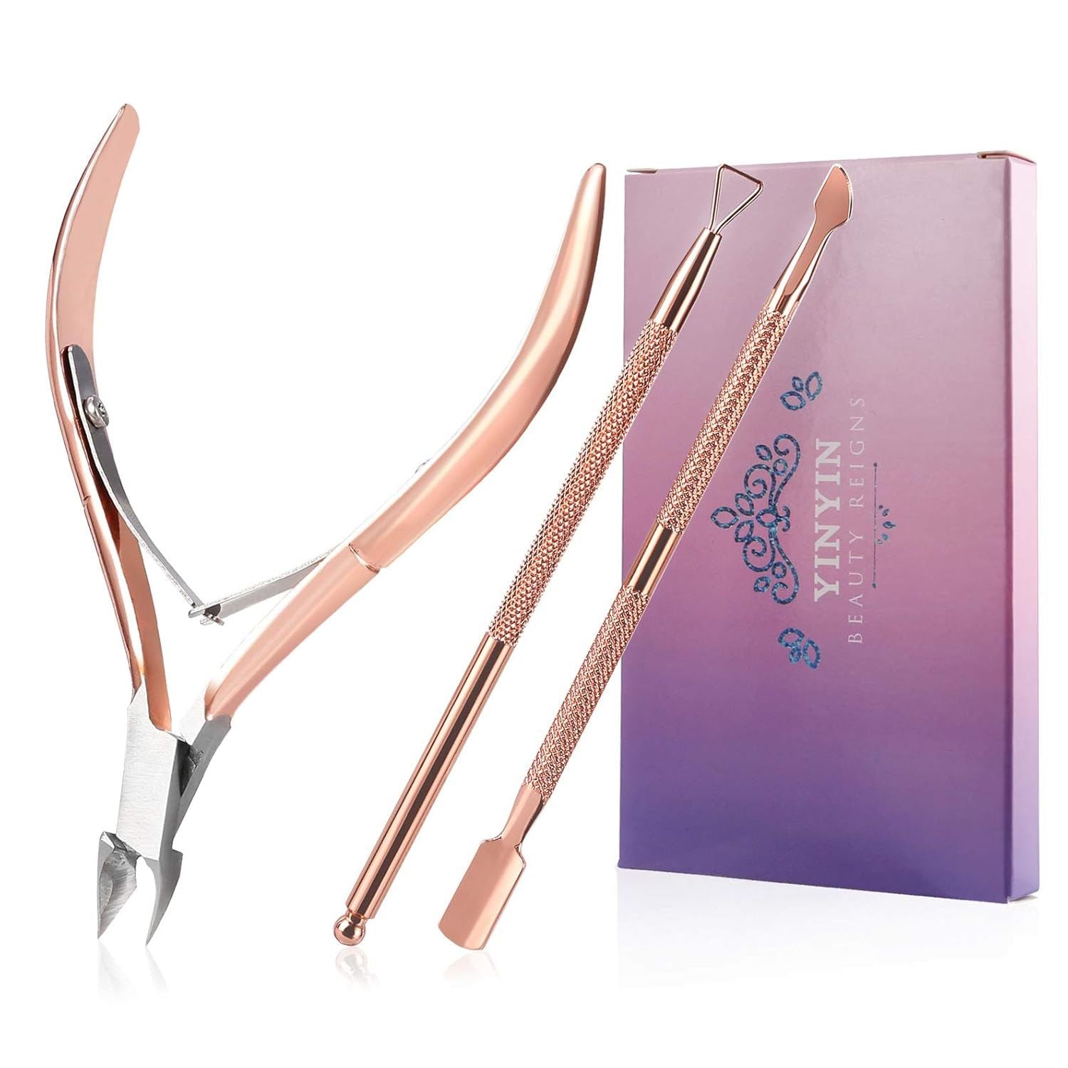 Buy now YINYIN Professional Stainless Steel Nippers, Cutter Clippers, Cuticle Remover, Trimmer with Pusher, Pedicure Manicure Tools for Fingernails and Toenails, Sliver D501-rosegold at indiglob india