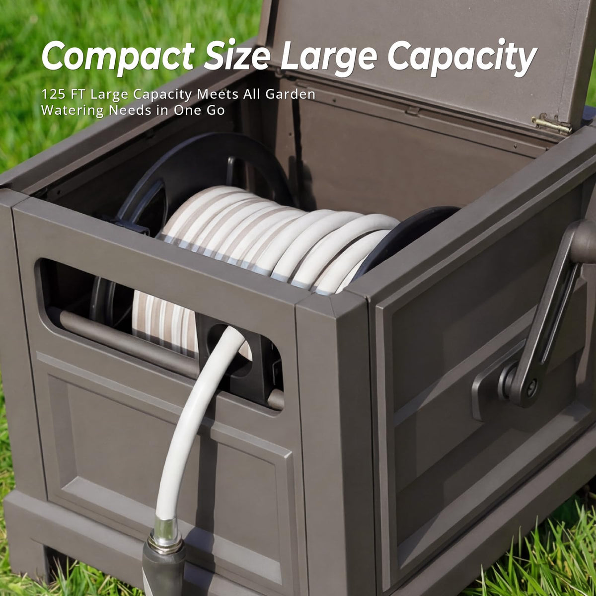 Heavy Duty Steel Garden Hose Reel Deck Box, Holds 125 ft x 5/8 inch Hose, Leak-Proof Aluminum Water System, Manual Crank with Hose Guide, 4-Leg 200LBS Stable Base, No Mount Required