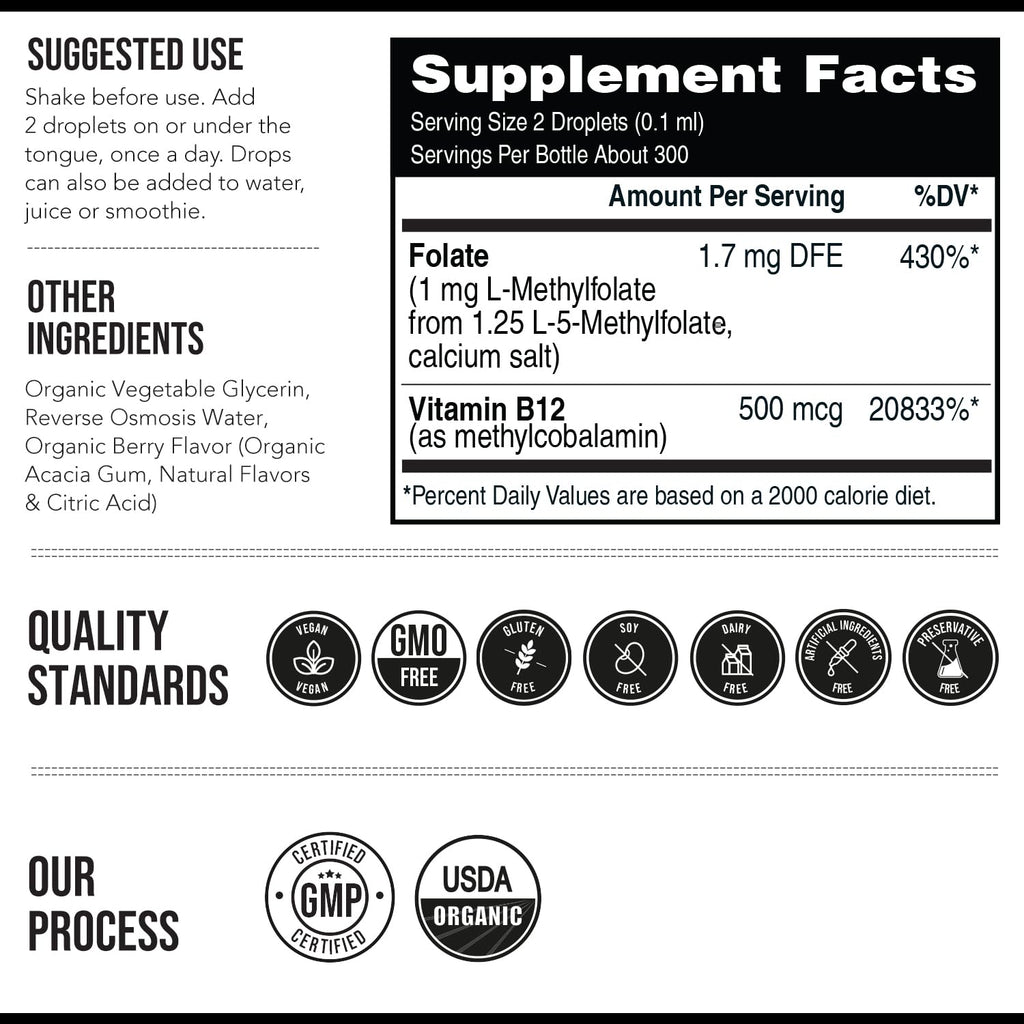 Organic Methyl Folate 1000 mcg + Methyl B12 Cofactor (300 Servings) – Metabolically Active 5-MTHF Form, Organic Berry Flavor, Liquid Sublingual Form – Mood, Cognition, Methylation, Pregnancy (1oz)