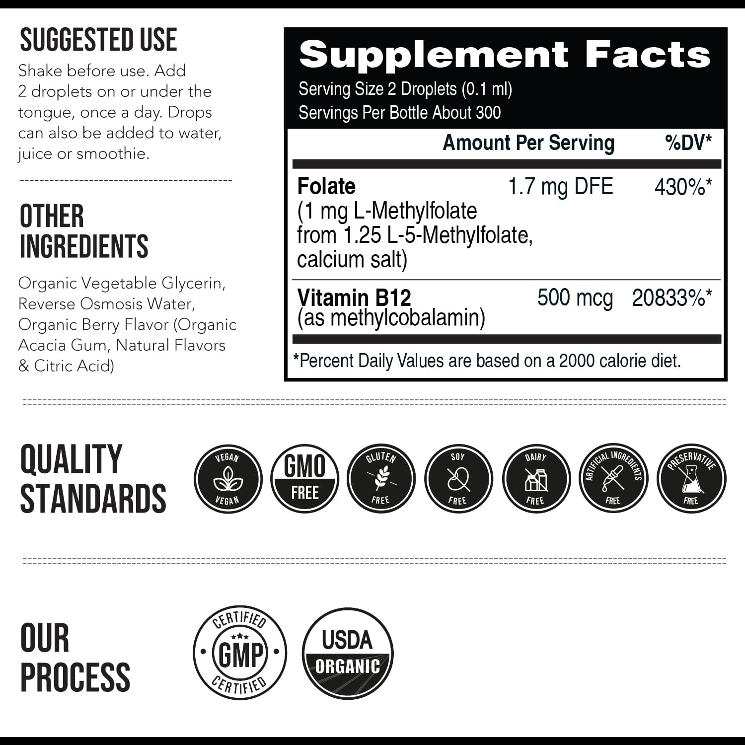 Organic Methyl Folate 1000 mcg + Methyl B12 Cofactor (300 Servings) – Metabolically Active 5-MTHF Form, Organic Berry Flavor, Liquid Sublingual Form – Mood, Cognition, Methylation, Pregnancy (1oz)