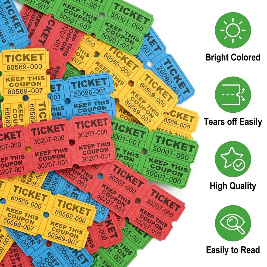 XXINMOH 4000 Pairs Double Raffle Tickets – 4 Assorted Colors (Pink, Blue, Red, Purple) – 1000 Pairs per Roll for Carnival, Fundraiser, Party, Event, Classroom, Lottery Drawing Prize Tickets for Raffle