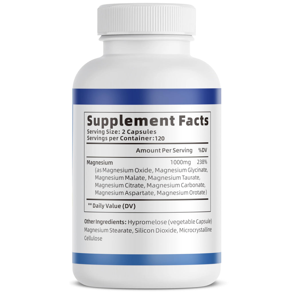 1000mg Magnesium Complex Capsules, 8-in-1 Magnesium Glycinate, Citrate, Malate, Taurate, Oxide, Carbonate, Aspartate, Orotate - 240 Capsules (1 Bottle (240 Capsules))
