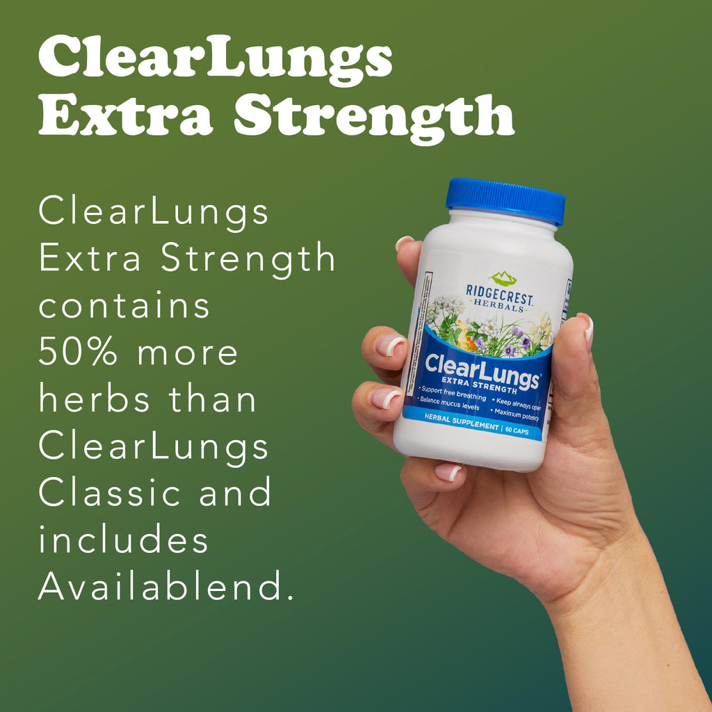 RidgeCrest Herbals ClearLungs Extra Strength Lung Health Support 60 Ct | 30 Servings, 13 Unique Herbs, Natural Nasal Support, Respiratory Comfort, 50% more than Classic with Availablend