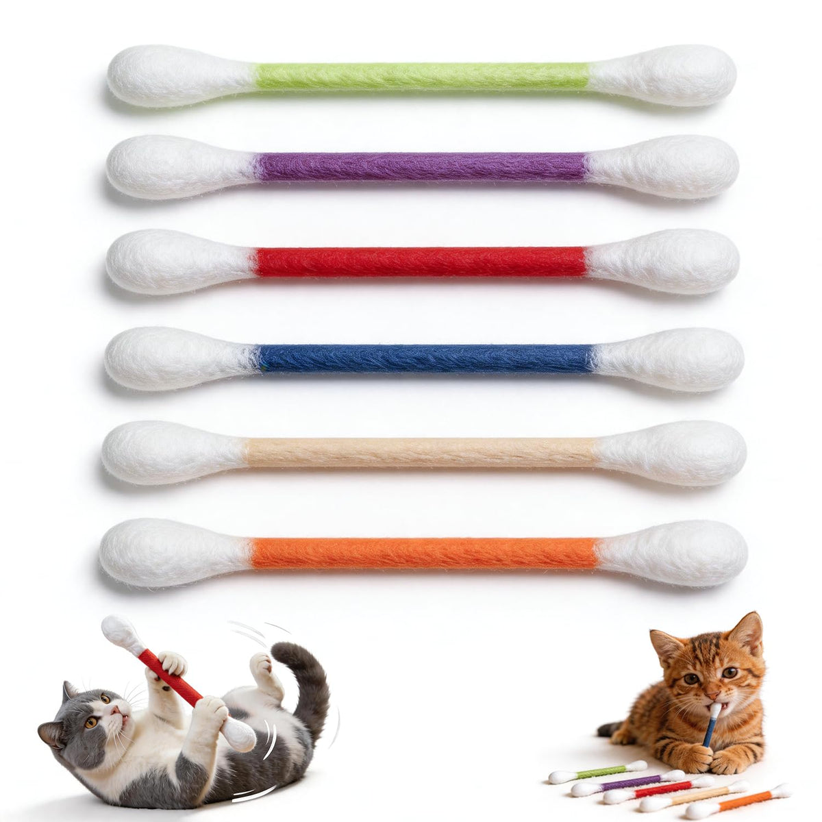 6Pack Cotton Swabs Cat Toys with Catnip, Giant Qtip Chew Sticks & Teething Ropes for Boredom Relief, Durable Interactive Felt Kitty Kicker Toy for Exercise.