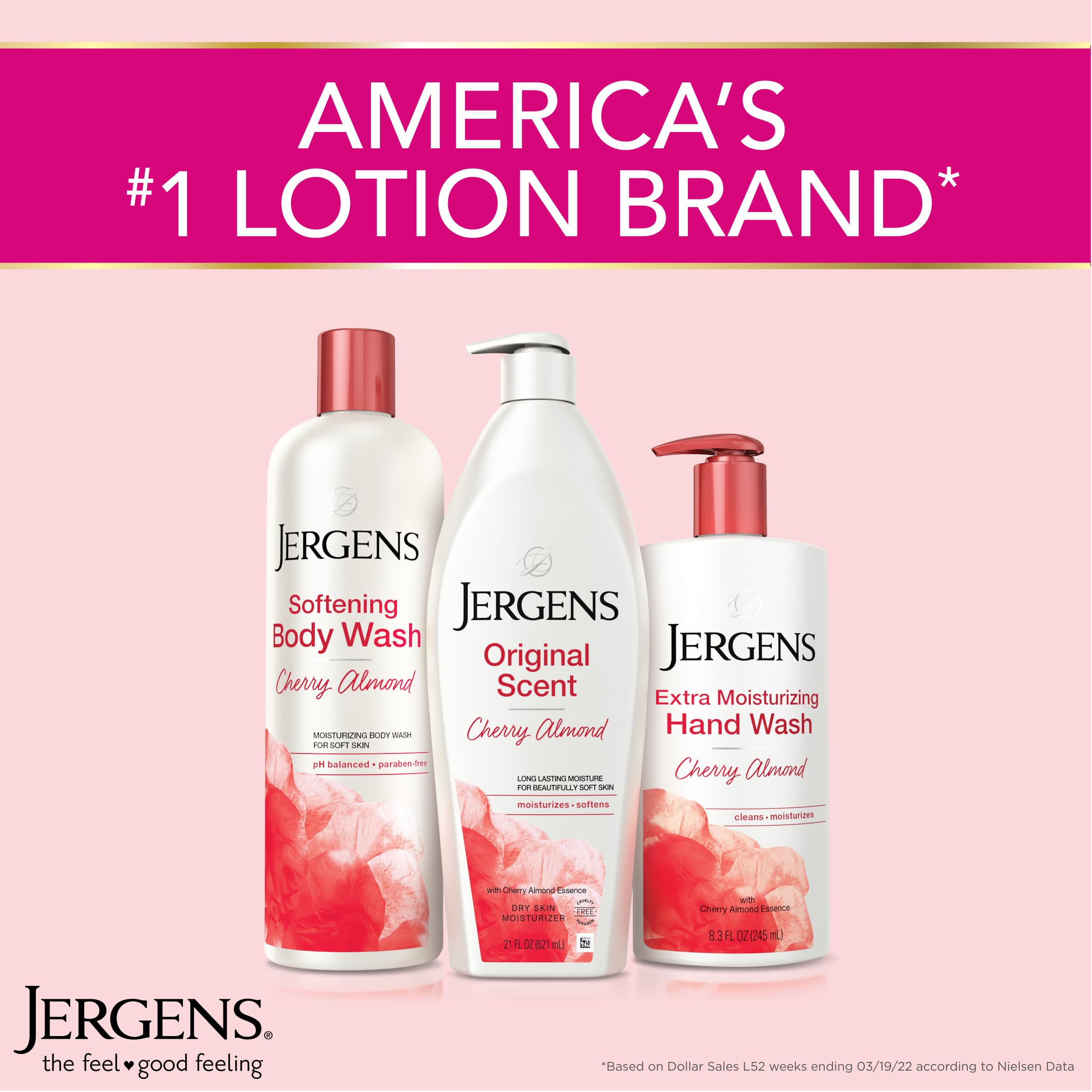 Jergens Cherry Almond Hand & Body Lotion, Dry Skin, 32 fl oz | Fast-Absorbing Moisturizer, Vitamins E, C & B5, Softens Dry Skin, Dermatologist Tested, Cherry Almond Scent