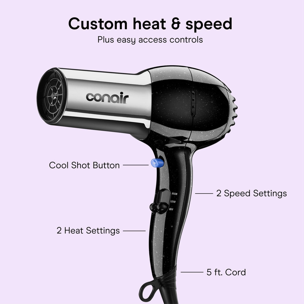 Conair Ionic Hair Dryer with Concentrator Attachment, 1875W, Full Size | Fast-drying blow dryer with various heat and speed settings and a lightweight design for effortless everyday styling