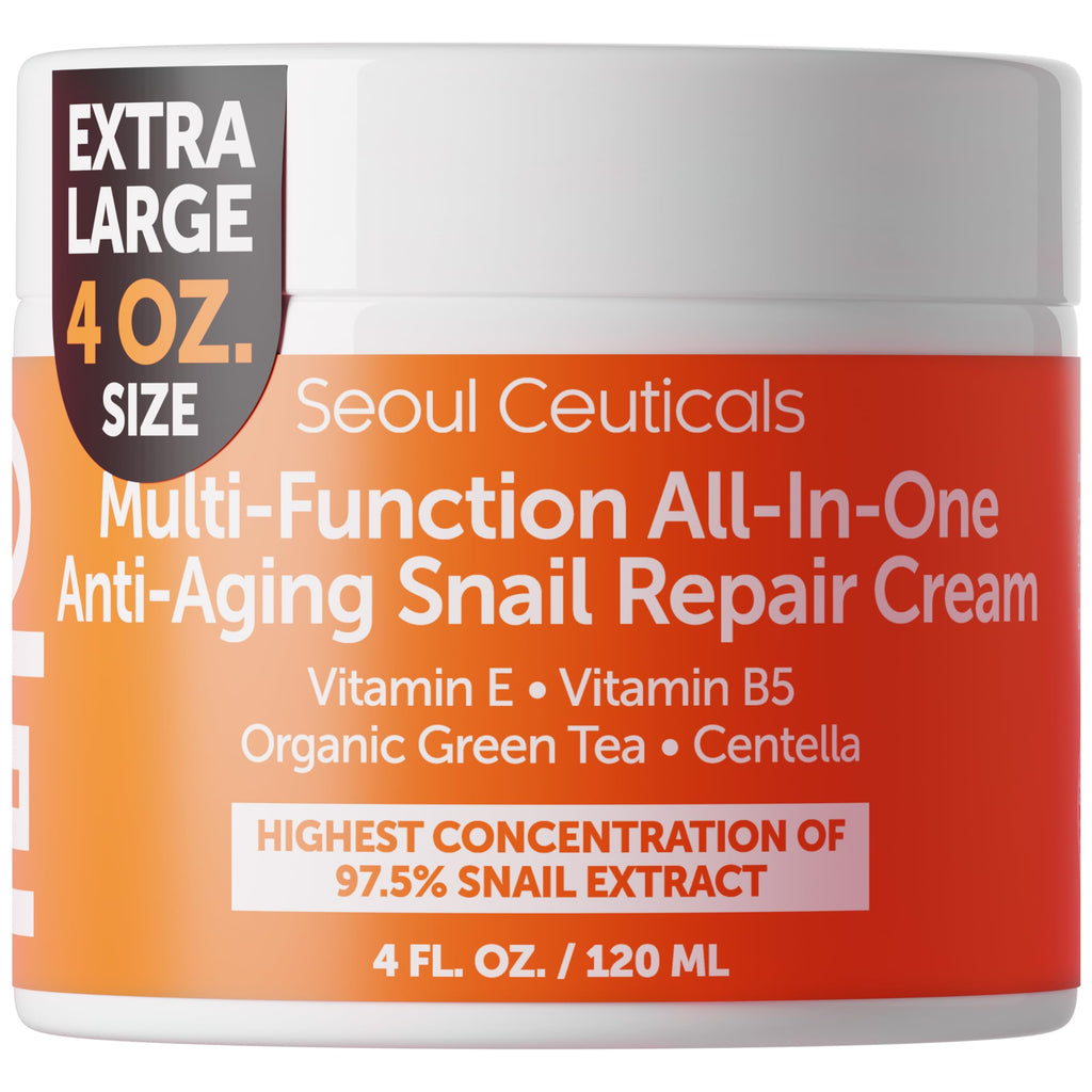 SeoulCeuticals 97.5% Snail Mucin Korean Face Moisturizer Day & Night Cream | 2oz Anti Wrinkle Anti Aging Repair, Natural Organic Cruelty Free Skin Care, K Beauty Facial Skincare for Oily Normal Dry Skin