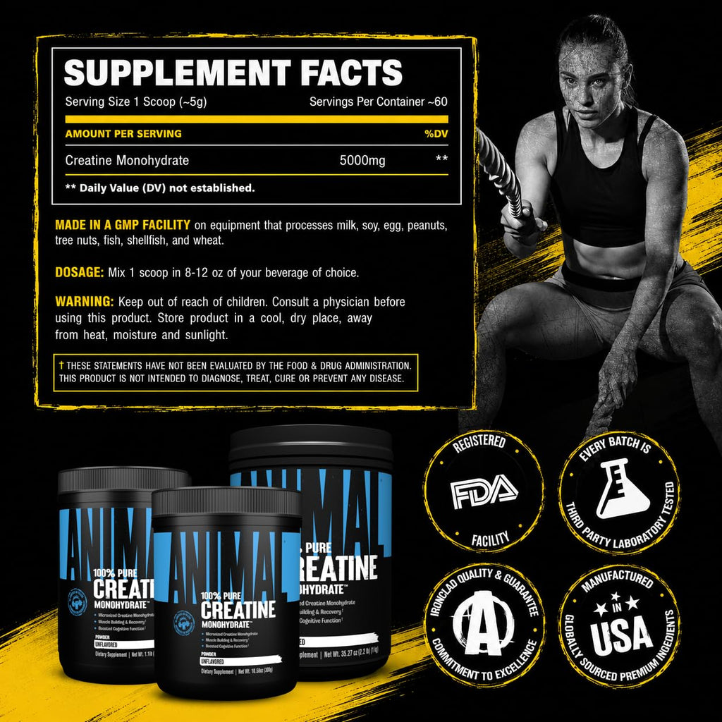 Animal Creatine Monohydrate Powder — Micronized for Muscle Recovery, Cellular Energy, and Daily Wellness — for Men and Women — Unflavored 300g