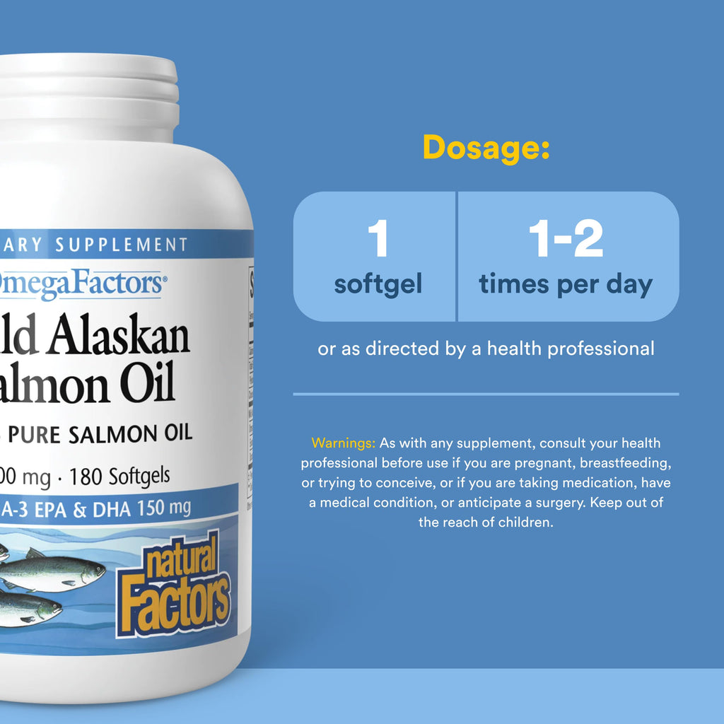 Natural Factors Wild Alaskan Salmon Oil Provides Omega-3, EPA, DHA & Vitamin D, Supports Brain & Heart Health, 180 Softgels