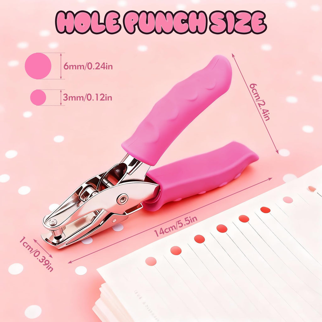 Single Hole Punch, 2 Pcs 1/4" and 1/8" Hole Puncher with Pink Soft Grip
