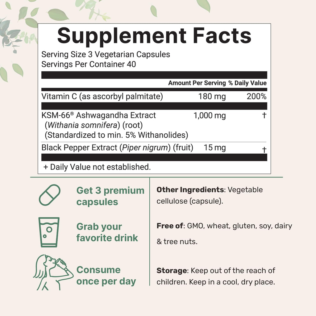 KSM-66 Ashwagandha 1,000mg Per Serving | 120 Veggie Capsules with Black Pepper for Better Absorption & Fat Soluble Vitamin C | Potent Root Extract | Stress, Relaxation, & Sleep Support | Filler Free