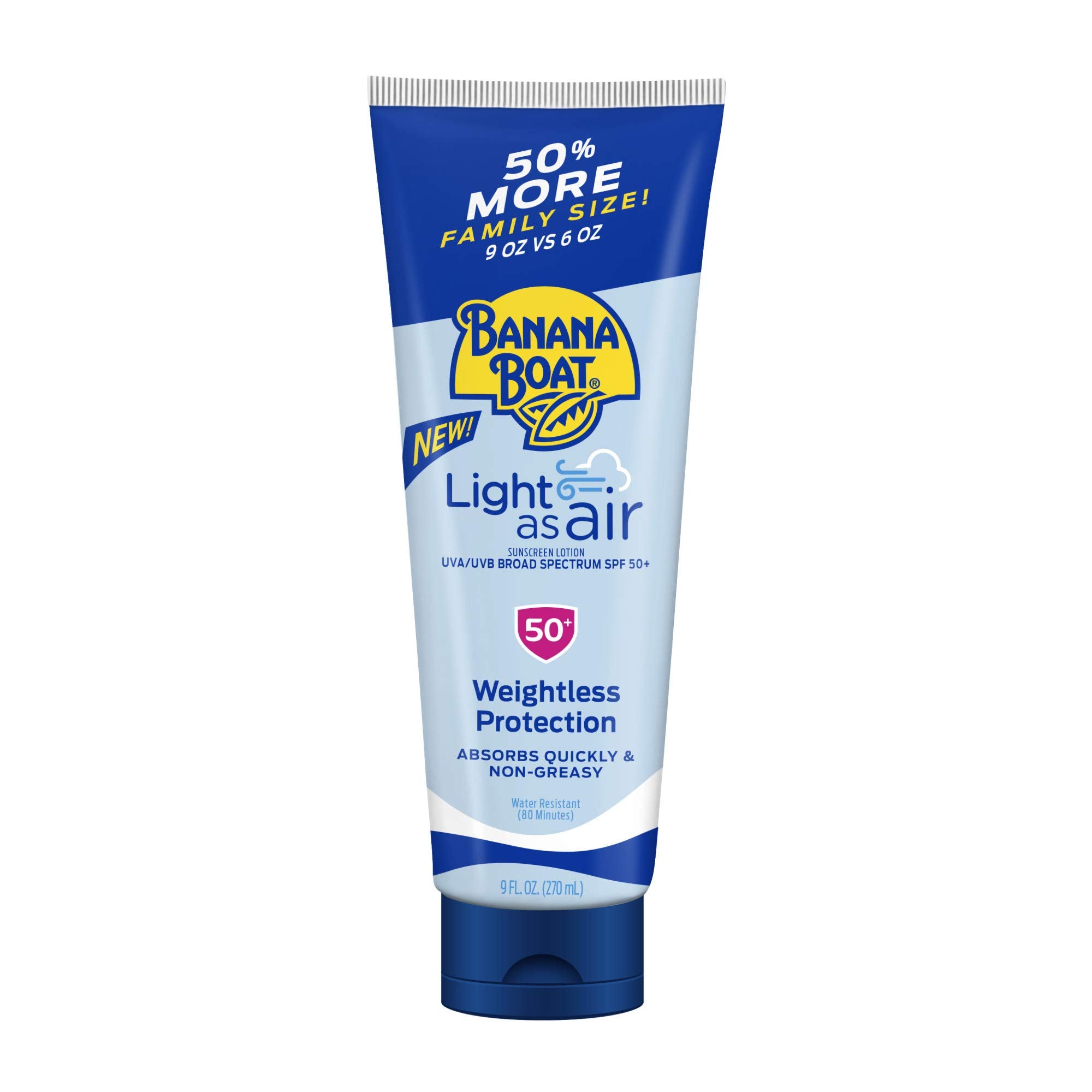 Banana Boat Light As Air Sunscreen Lotion SPF 50, 6 Fl Oz (2 Pack) | Water and sweat resistant sunblock, UVA/UVB broad spectrum protection, Lightweight formula, Sunscreen for face and body