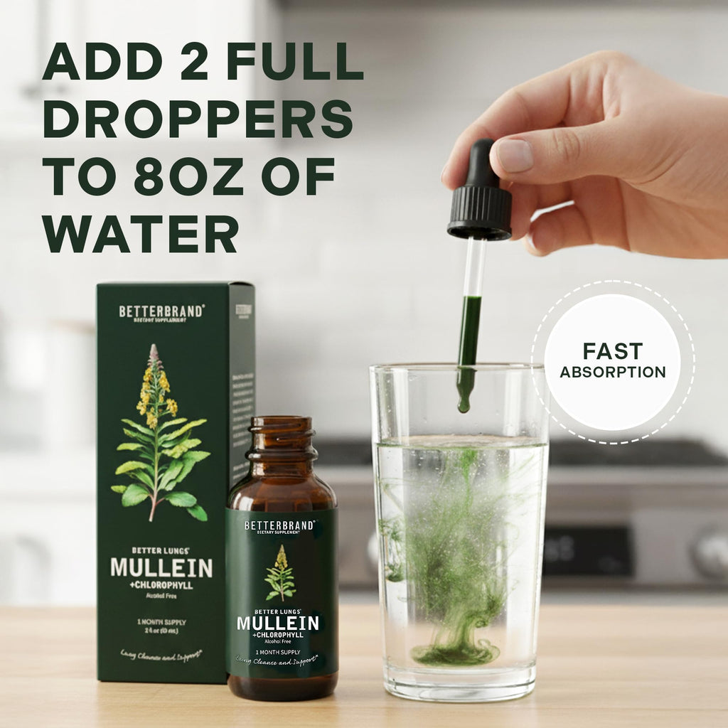 Betterbrand Mullein Drops, Alchohol-Free Lung Detox with Chlorophyll | 30:1 Mullein Leaf Tincture, Lung Cleanse, Long-Term Lung & Respiratory Health, Mullein Drops Supplement, Improved Airflow