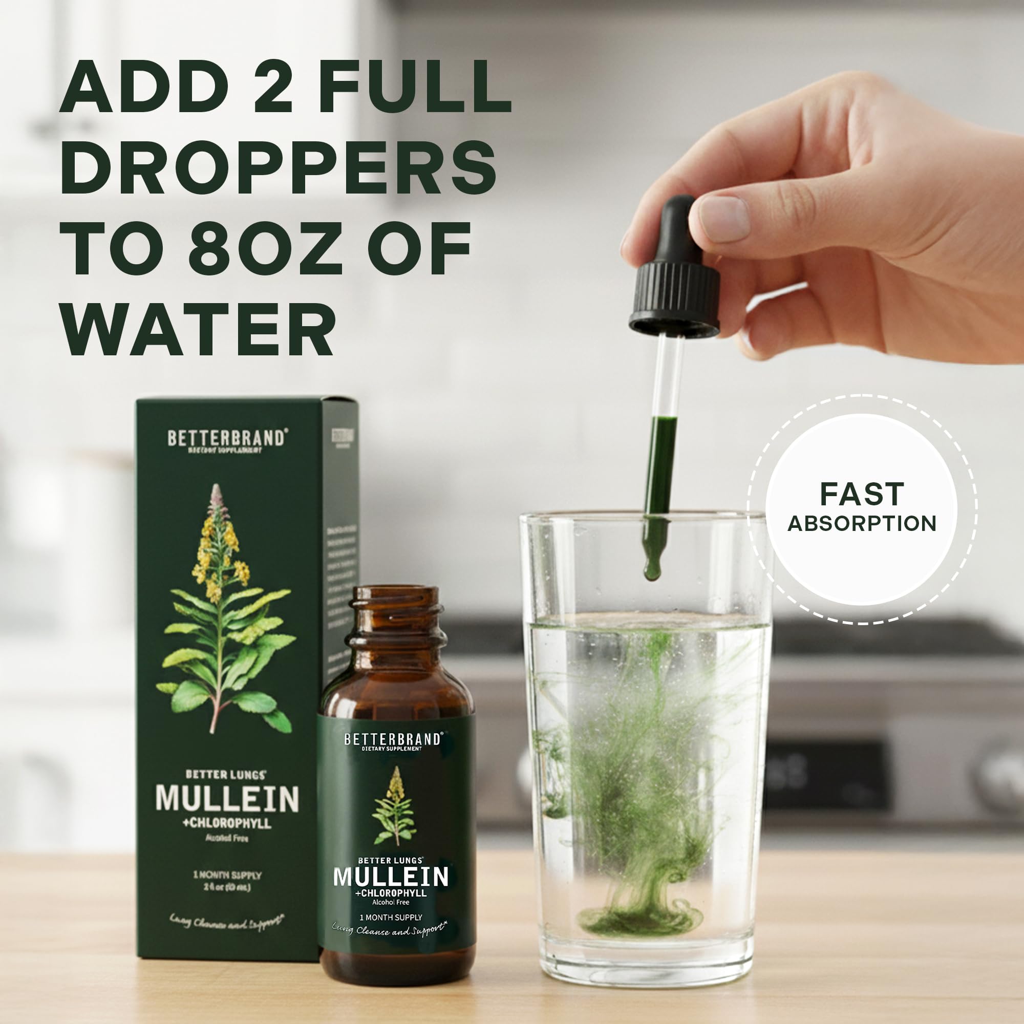 Betterbrand Mullein Drops, Alchohol-Free Lung Detox with Chlorophyll | 30:1 Mullein Leaf Tincture, Lung Cleanse, Long-Term Lung & Respiratory Health, Mullein Drops Supplement, Improved Airflow