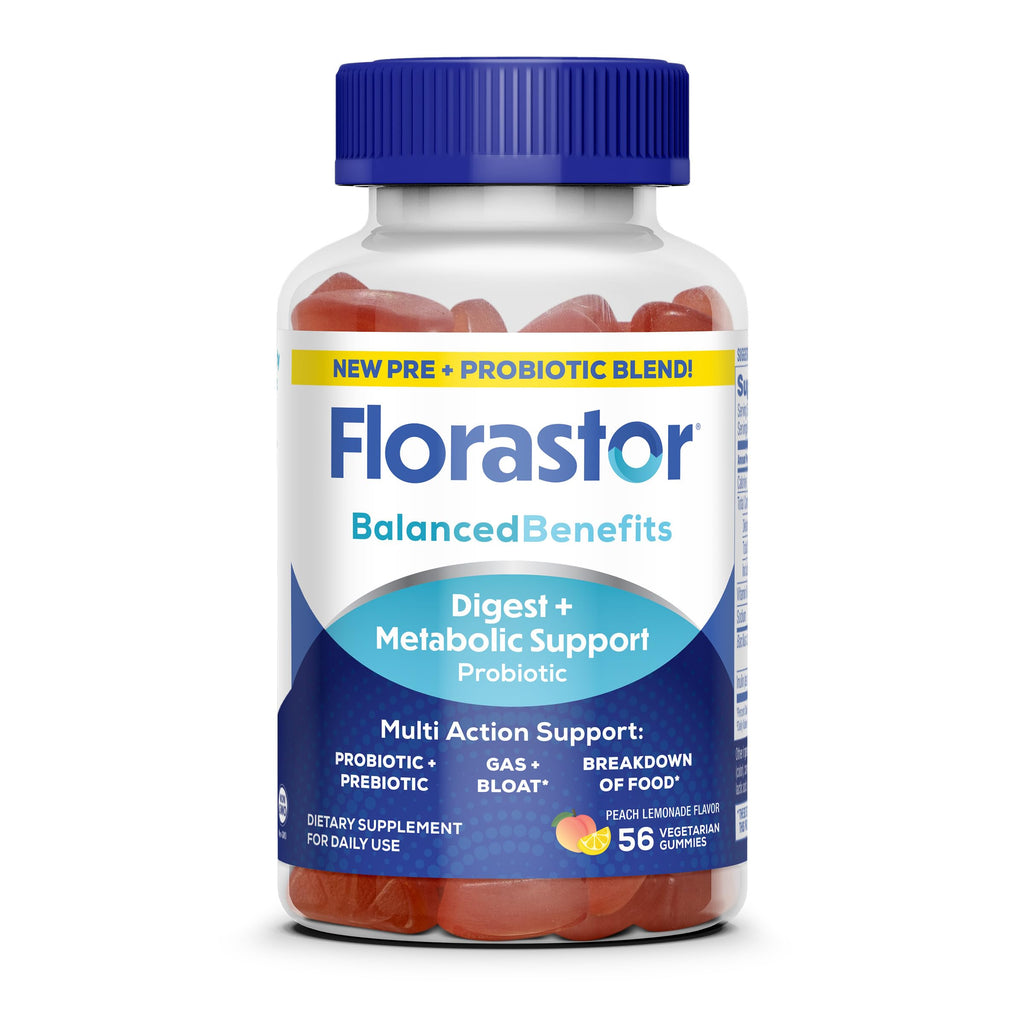 Florastor Prebiotic and Probiotic Gummies with Vitamin B12, 56 Gummies | Digestive and Metabolic Support Blend for Multi-Action Care, Probiotic Gummies for Women and Men