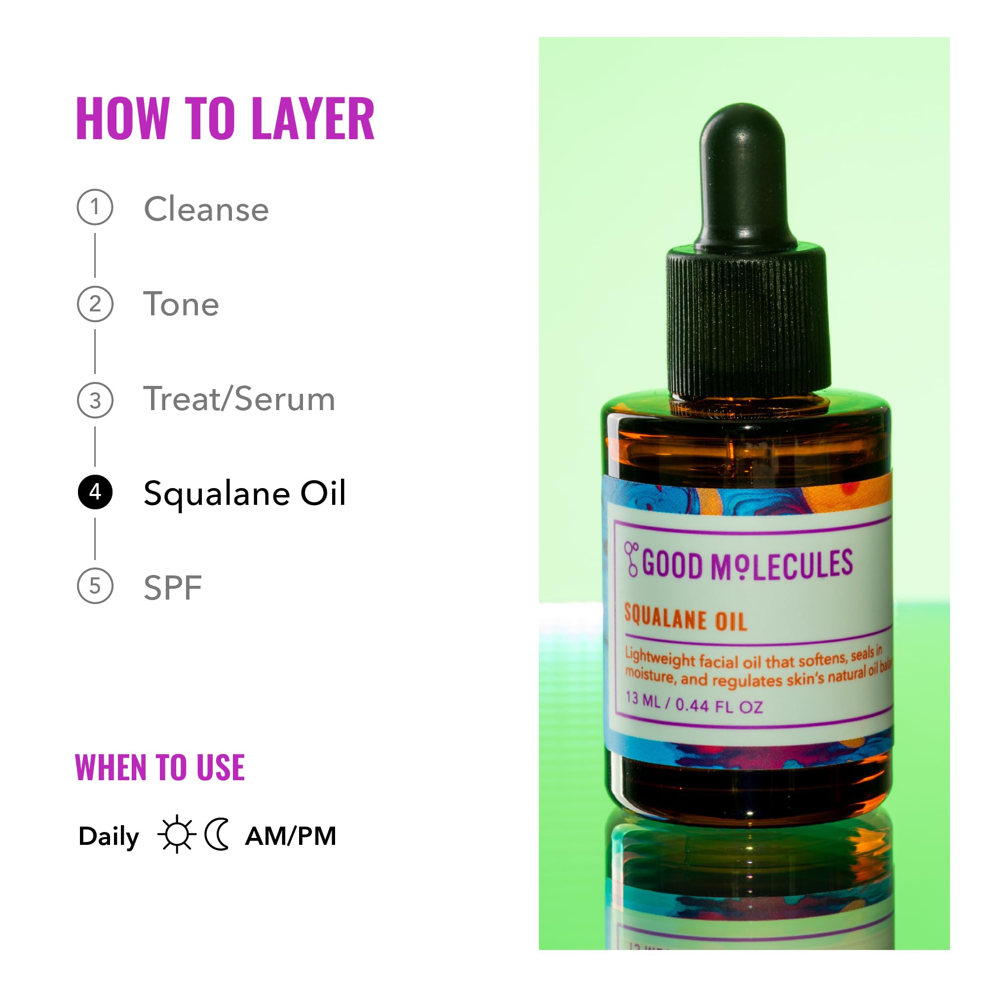 Good Molecules Squalane Oil for Face, Lightweight Facial Oil, 13 ml | Lightweight facial oil that softens and moisturizes skin. Suitable for all skin types.