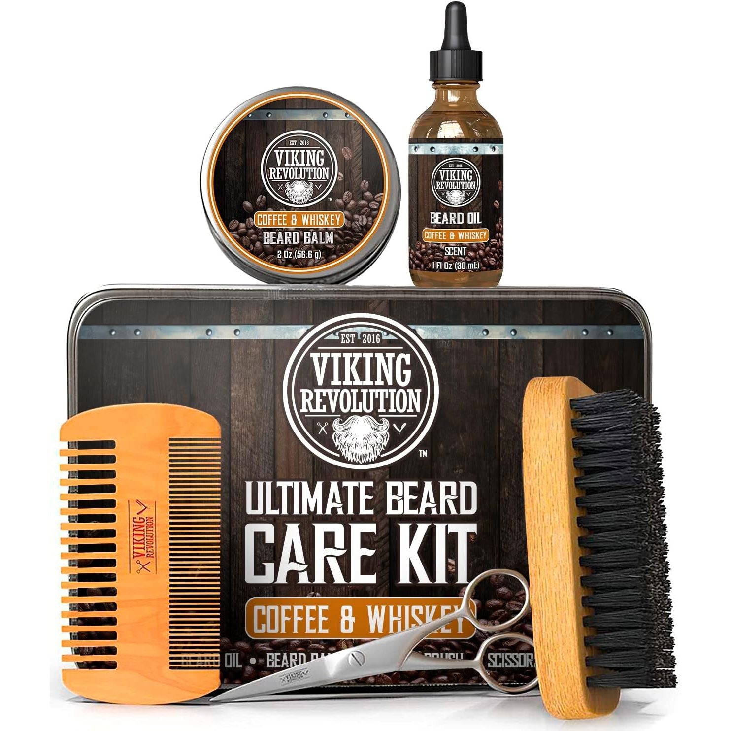 Buy now Viking Revolution - Ultimate Beard Kit - Beard Grooming Kit with Beard Brush, Beard Comb, Beard Balm, Beard Oil, Beard & Moustache Scissors - Gifts for Men Care Kit - Coffee & Whiskey at indiglob india
