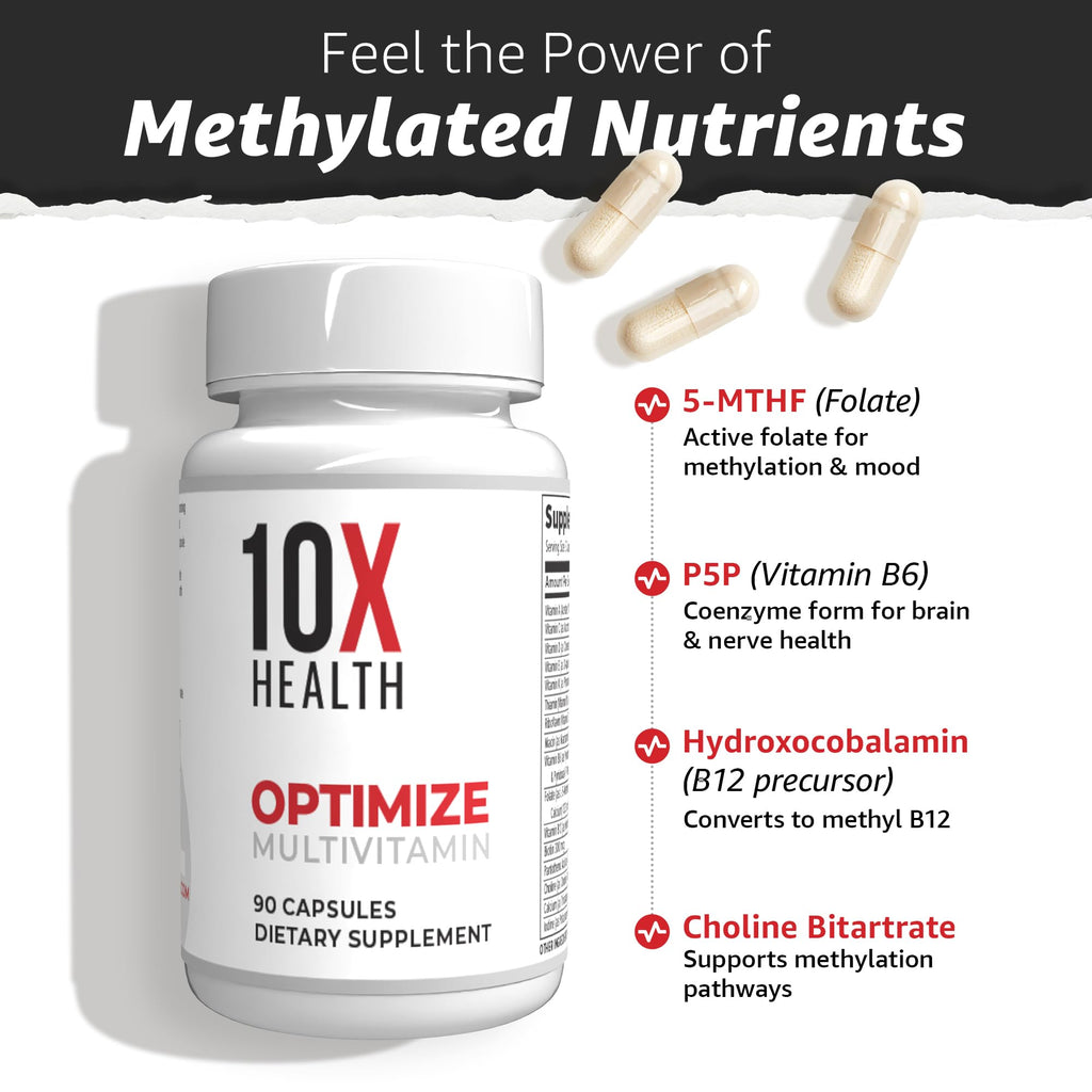 10X Health Methylated Multivitamin - 90 Capsules | Mthfr Supplement: 34-in-1 Formula, 800mcg B12, 5-MTHF & NAC, Methyl B Complex, Non-GMO