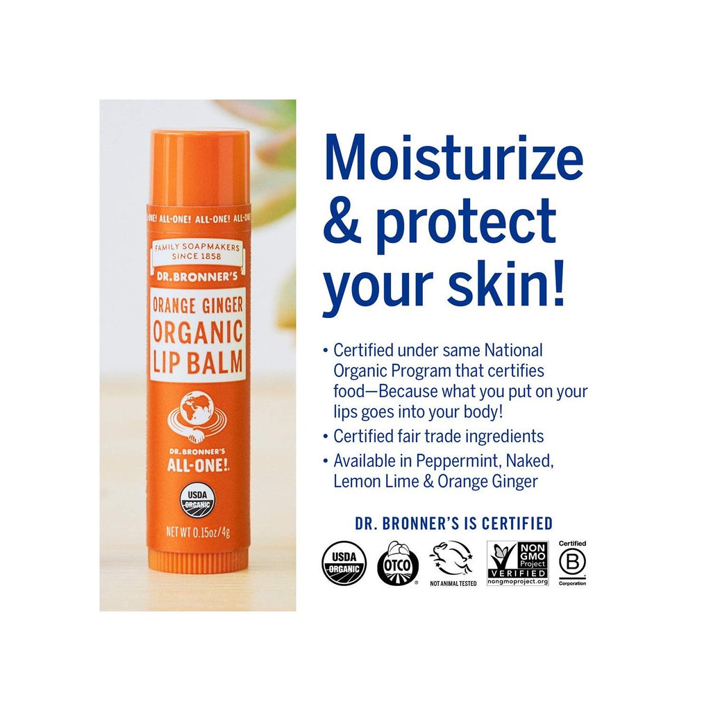 Buy now Dr. Bronner's - Organic Lip Balm Variety Peppermint, Orange Ginger, Naked, Lemon Lime) - Made with Organic Beeswax and Avocado Oil, For Dry Lips, Hands, Chin or Cheeks, 0.15 Ounce (Pack of 4) at indiglob india