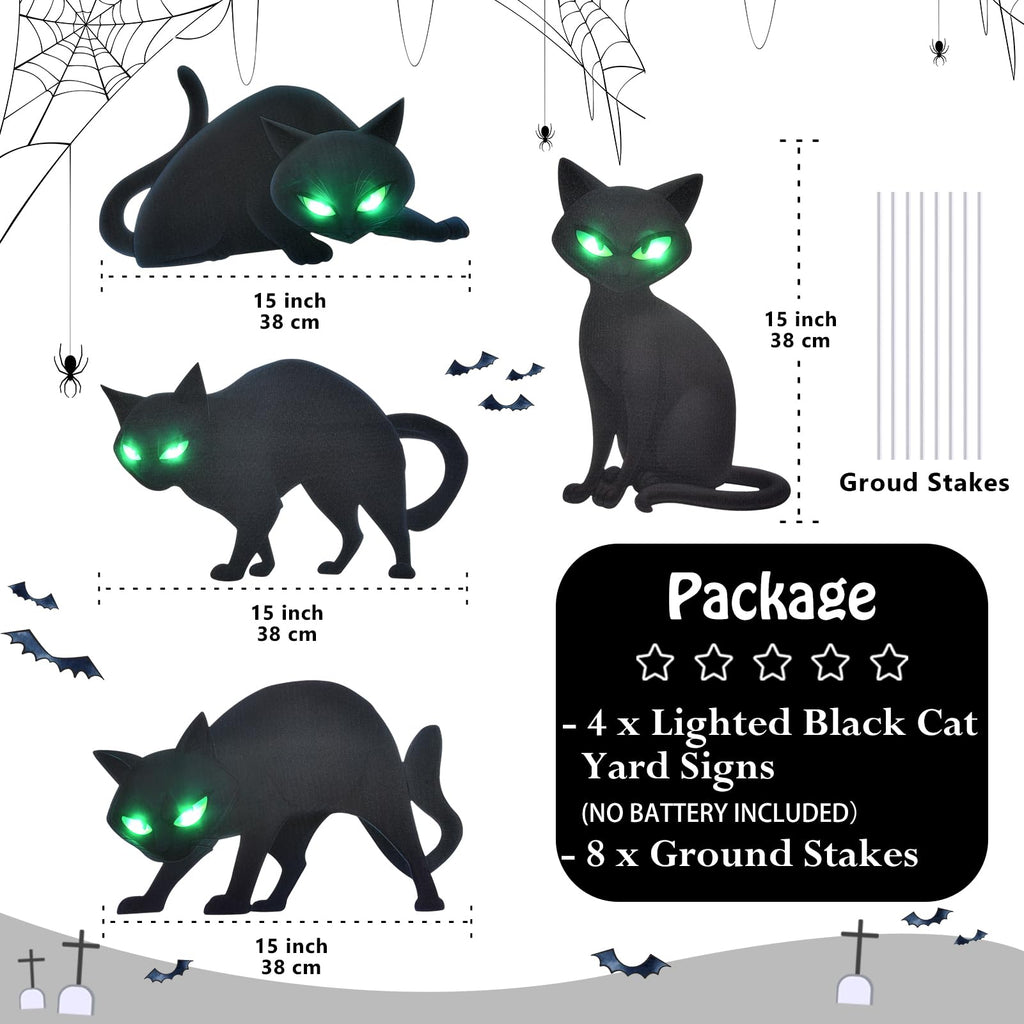 Lighted Black Cat Decor Yard Signs, 4 PCS Halloween Decorations Outdoor Scary Black Cat with LED Lights Glow Eyes for Lawn Garden Yard Stakes Outside Halloween Decoration Decor Clearance