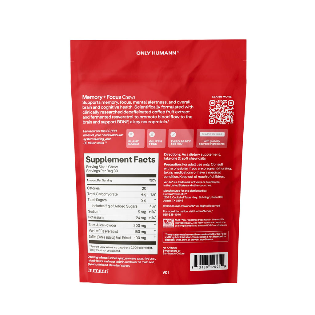 HumanN Memory + Focus Chews, Cognitive, Blueberry Pomegranate Flavor, 30 Ct | Mental Alertness, Non-GMO, Clinically Studied Nootropics, Fermented Resveratrol & Beet Juice Powder, For Adults, Made in USA