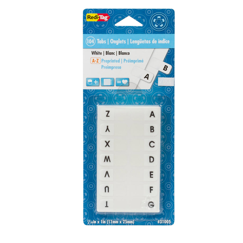 Redi-Tag Alphabetical Tabs, A - Z Pre-Printed Divider Tabs, Permanent Adhesive Index Labels,Divider Labels for School, Home and Office, 7/16" x 1", White, 104 Tabs Per Pack, (B31005)