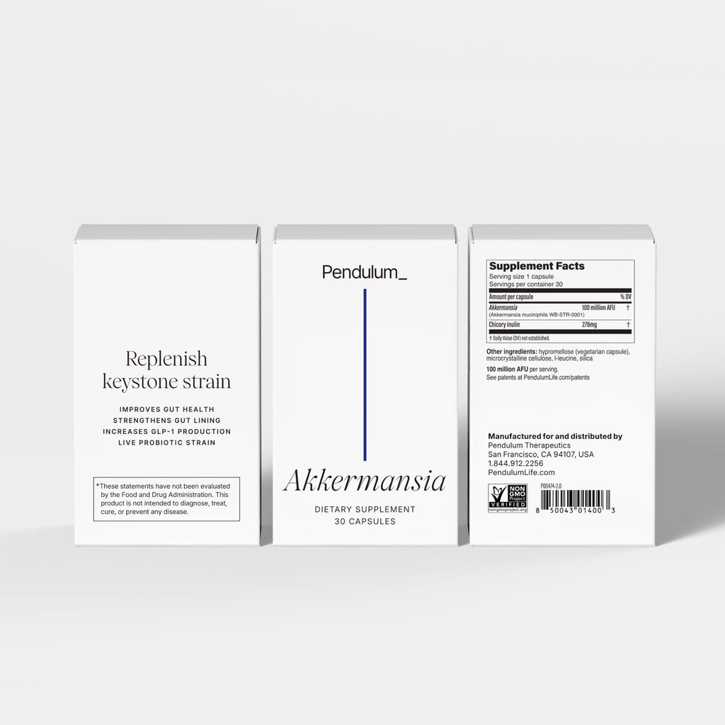 Pendulum Akkermansia Probiotic with Prebiotic Fiber - Increases GLP-1 Production, Delayed Release, Third-Party Tested, 100M AFU Live Strain for Gut Health for Men & Women (30 Capsules, 1-Pack)