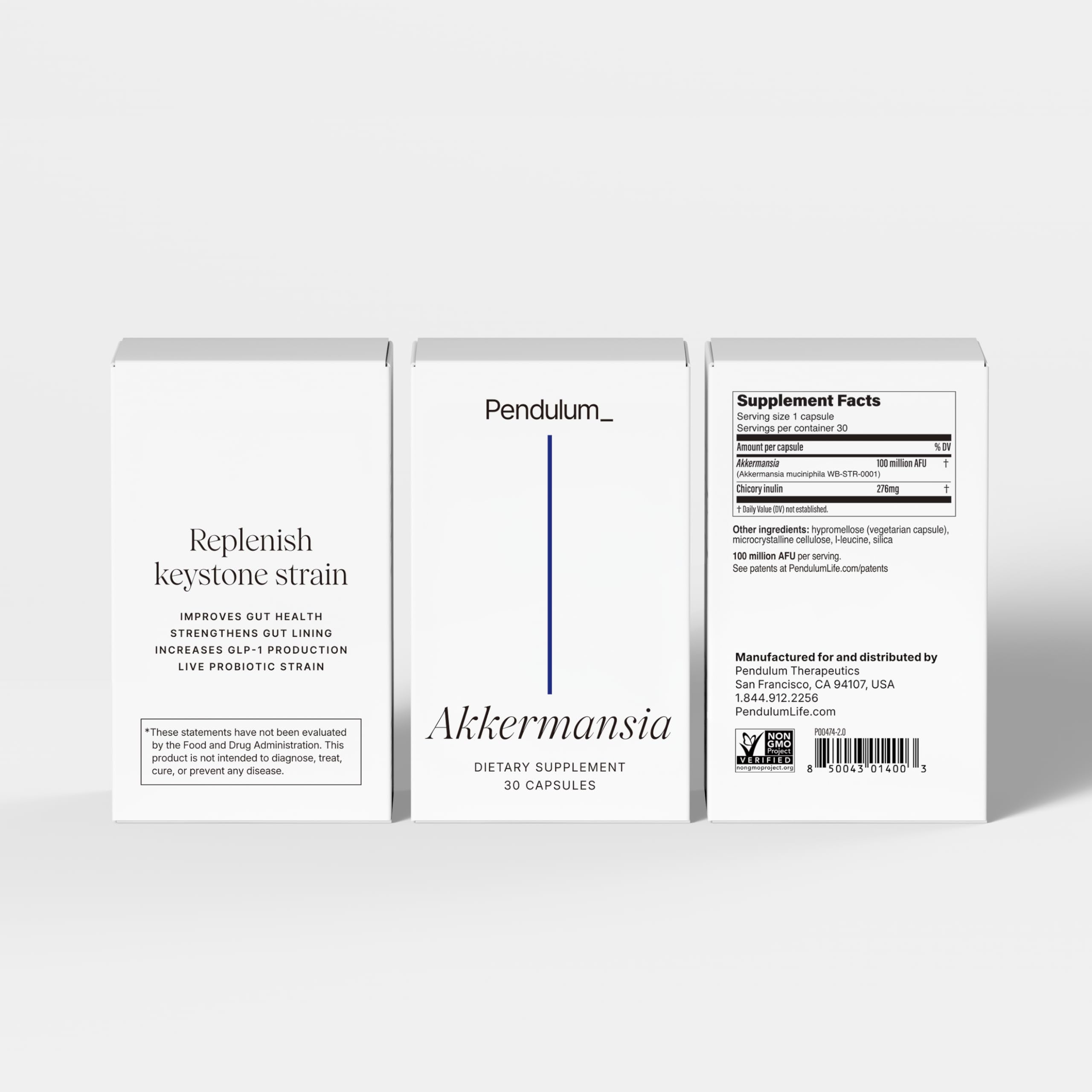 Pendulum Akkermansia Probiotic with Prebiotic Fiber - Increases GLP-1 Production, Delayed Release, Third-Party Tested, 100M AFU Live Strain for Gut Health for Men & Women (30 Capsules, 1-Pack)